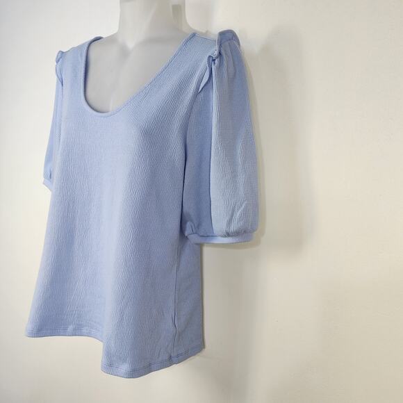 Talbots Tee Womens Small Ruffle Shoulder Voop Neck Elbow Sleeves Blue Textured - Picture 5 of 7
